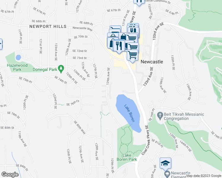 map of restaurants, bars, coffee shops, grocery stores, and more near 7549 129th Place Southeast in Newcastle