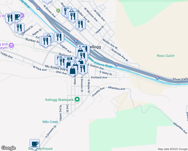 map of restaurants, bars, coffee shops, grocery stores, and more near 116 South Elm Street in Kellogg