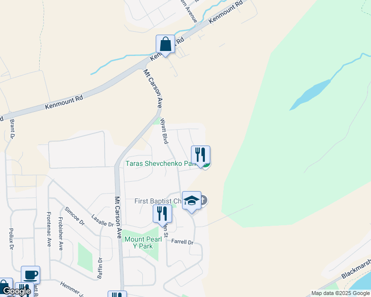 map of restaurants, bars, coffee shops, grocery stores, and more near 22 Hillhurst Street in Mount Pearl