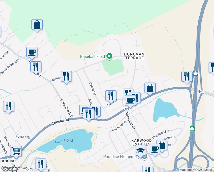 map of restaurants, bars, coffee shops, grocery stores, and more near 24 Merlyn Place in Paradise