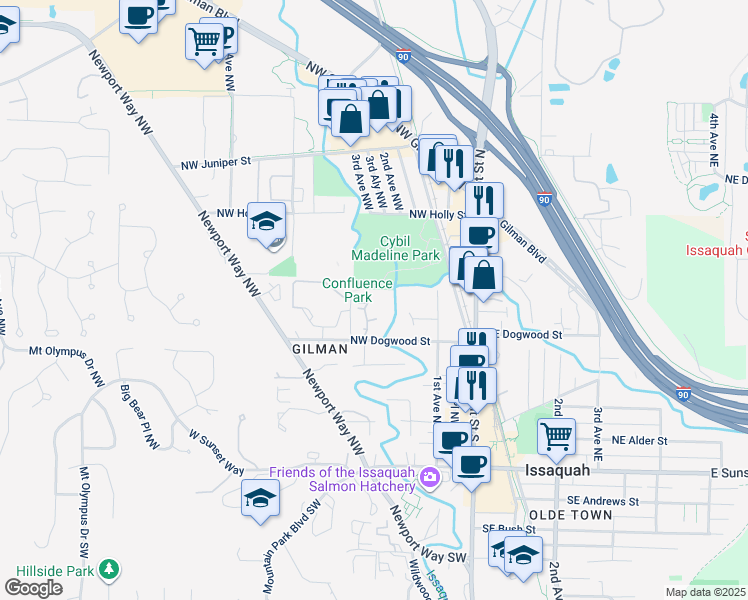 map of restaurants, bars, coffee shops, grocery stores, and more near 490 3rd Court Northwest in Issaquah