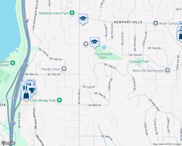 map of restaurants, bars, coffee shops, grocery stores, and more near 11630 Southeast 76th Court in Newcastle