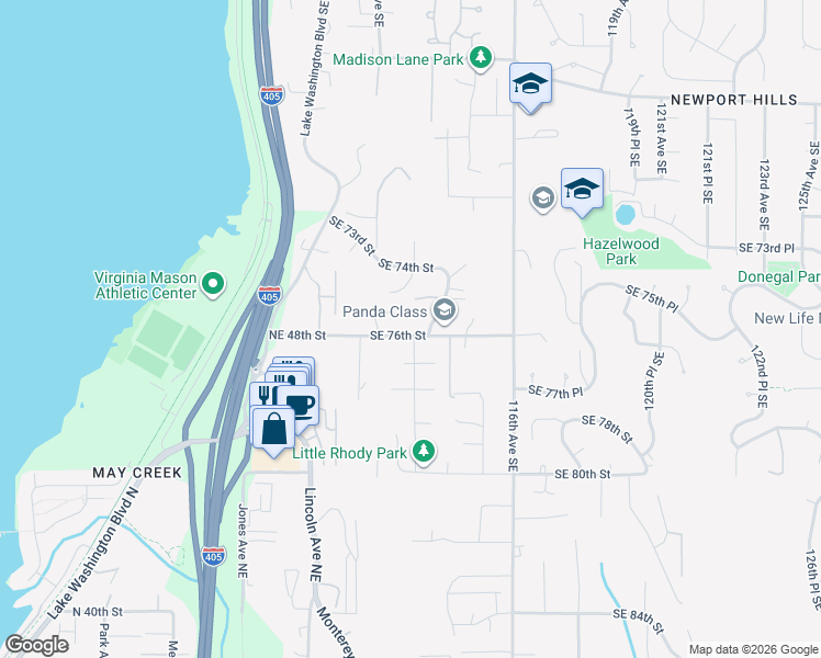 map of restaurants, bars, coffee shops, grocery stores, and more near 11216 Southeast 76th Street in Newcastle