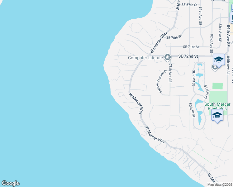 map of restaurants, bars, coffee shops, grocery stores, and more near 7453 West Mercer Way in Mercer Island