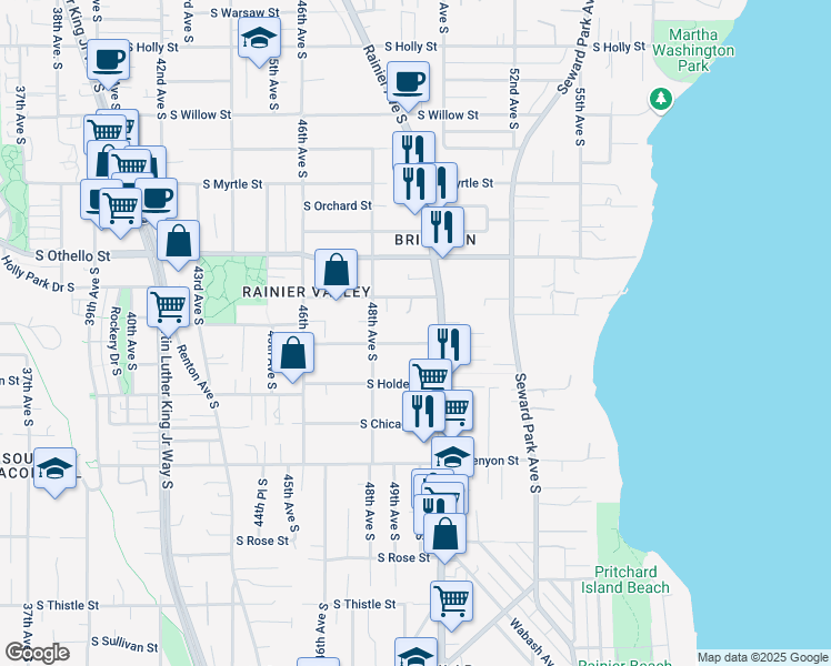 map of restaurants, bars, coffee shops, grocery stores, and more near 4836 South Austin Street in Seattle