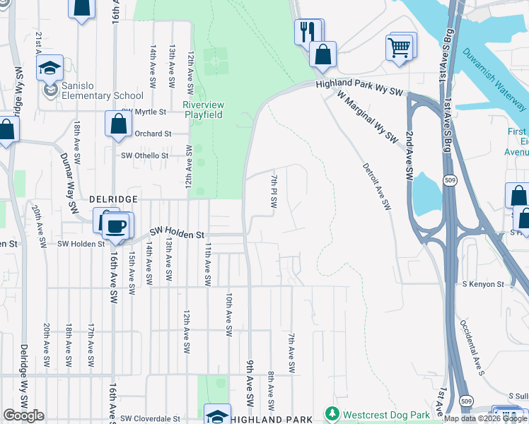 map of restaurants, bars, coffee shops, grocery stores, and more near 734 Southwest Austin Street in Seattle