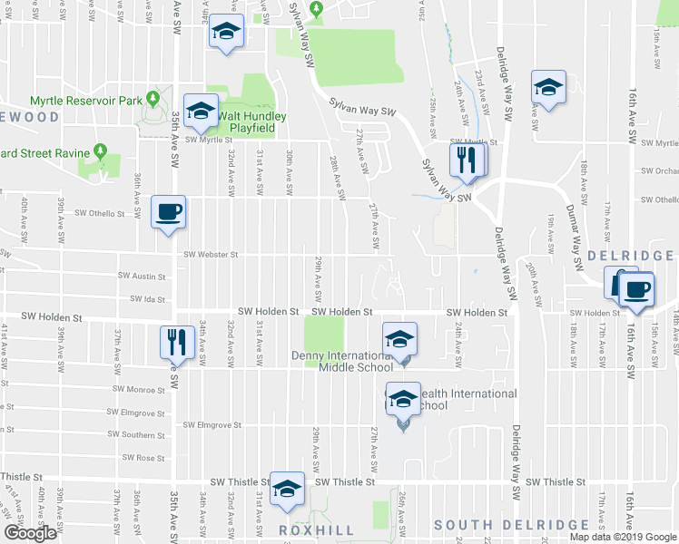 map of restaurants, bars, coffee shops, grocery stores, and more near 7518 28th Avenue Southwest in Seattle