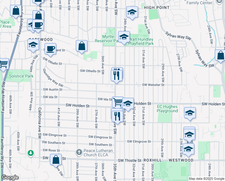 map of restaurants, bars, coffee shops, grocery stores, and more near 3516 Southwest Austin Street in Seattle