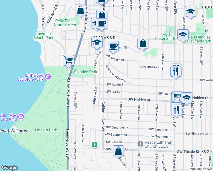 map of restaurants, bars, coffee shops, grocery stores, and more near 4143 Southwest Austin Street in Seattle