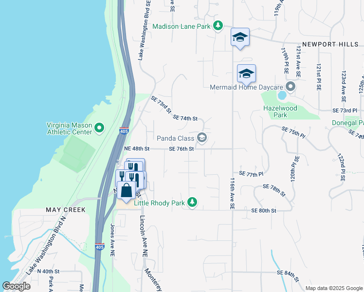 map of restaurants, bars, coffee shops, grocery stores, and more near 11216 Southeast 76th Street in Newcastle