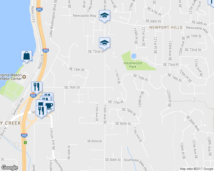 map of restaurants, bars, coffee shops, grocery stores, and more near 11610 Southeast 76th Court in Newcastle