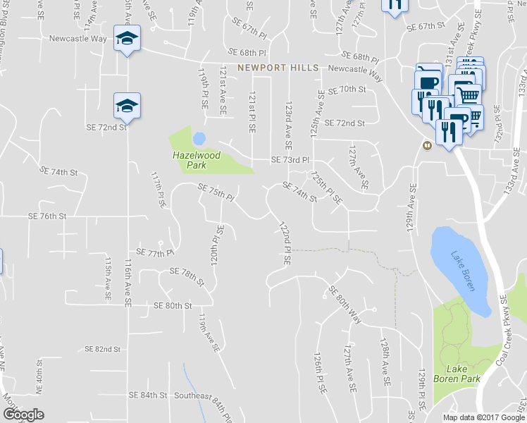 map of restaurants, bars, coffee shops, grocery stores, and more near 7439 122nd Place Southeast in Newcastle