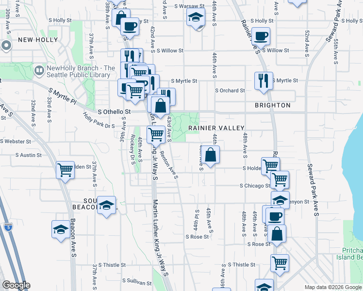 map of restaurants, bars, coffee shops, grocery stores, and more near 4317 South Webster Street in Seattle