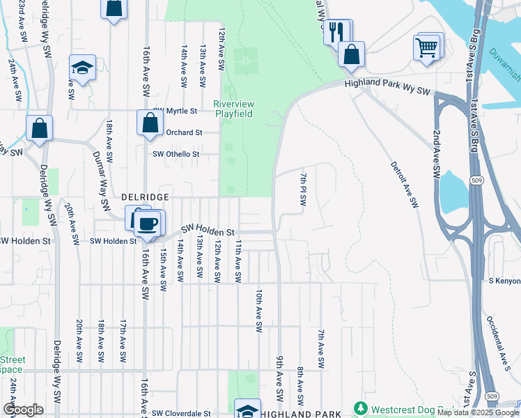 map of restaurants, bars, coffee shops, grocery stores, and more near 7517 Highland Park Way Southwest in Seattle