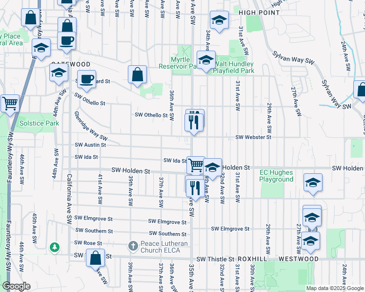 map of restaurants, bars, coffee shops, grocery stores, and more near 3516 Southwest Austin Street in Seattle