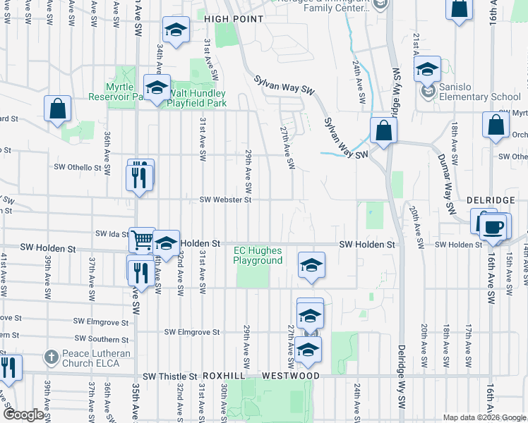 map of restaurants, bars, coffee shops, grocery stores, and more near 7518 28th Avenue Southwest in Seattle
