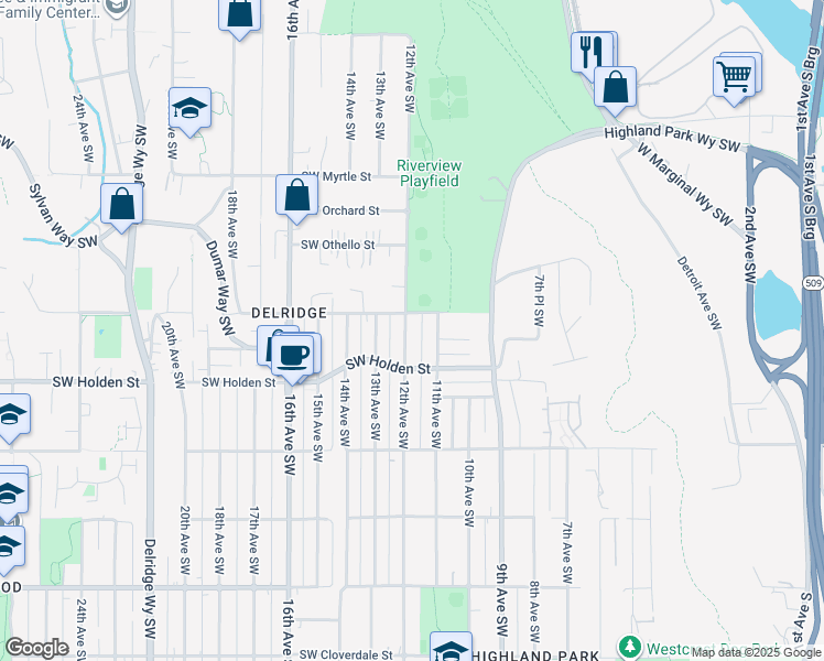map of restaurants, bars, coffee shops, grocery stores, and more near 7514 12th Avenue Southwest in Seattle