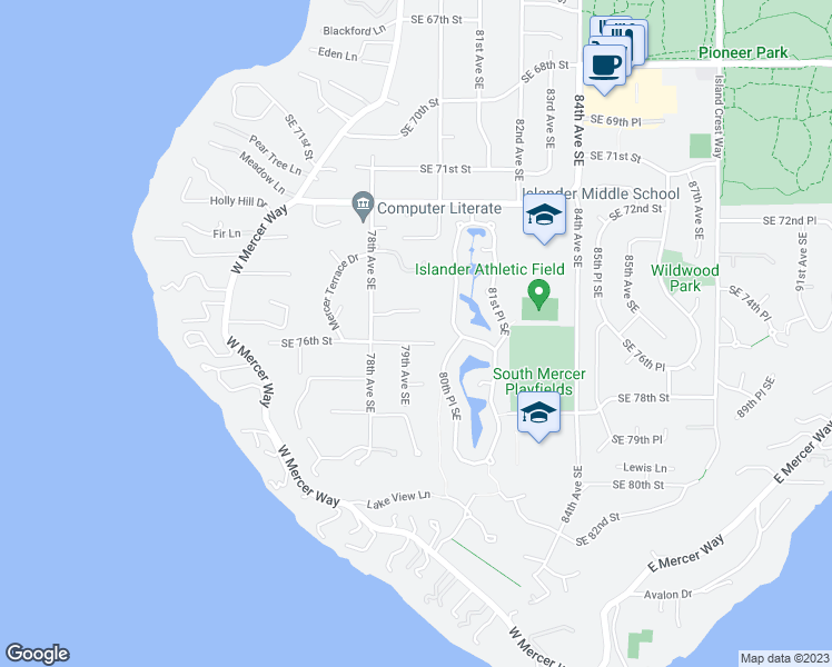 map of restaurants, bars, coffee shops, grocery stores, and more near 7928 Southeast 76th Street in Mercer Island