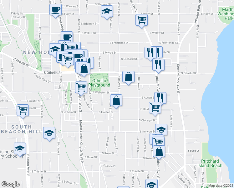 map of restaurants, bars, coffee shops, grocery stores, and more near 7501 46th Avenue South in Seattle