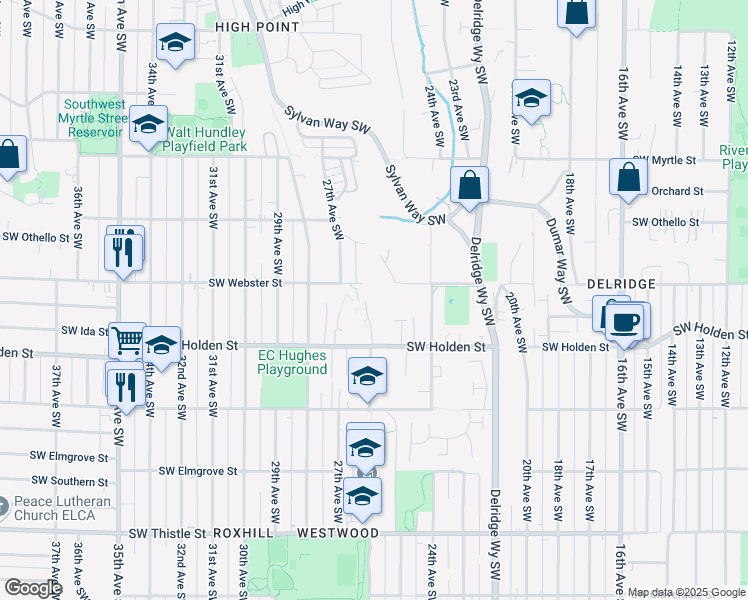 map of restaurants, bars, coffee shops, grocery stores, and more near 2600 Southwest Holden Street in Seattle