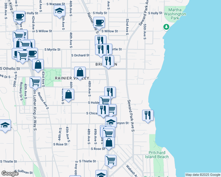 map of restaurants, bars, coffee shops, grocery stores, and more near 7430 South Medley Court in Seattle