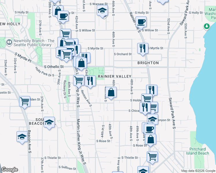 map of restaurants, bars, coffee shops, grocery stores, and more near 7501 46th Avenue South in Seattle