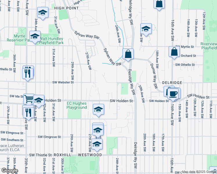 map of restaurants, bars, coffee shops, grocery stores, and more near 2425 Southwest Webster Street in Seattle