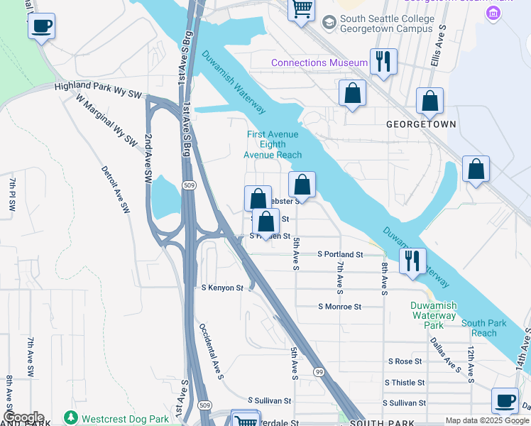 map of restaurants, bars, coffee shops, grocery stores, and more near 230 South Austin Street in Seattle