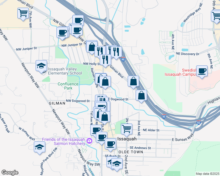 map of restaurants, bars, coffee shops, grocery stores, and more near 490 Front Street North in Issaquah