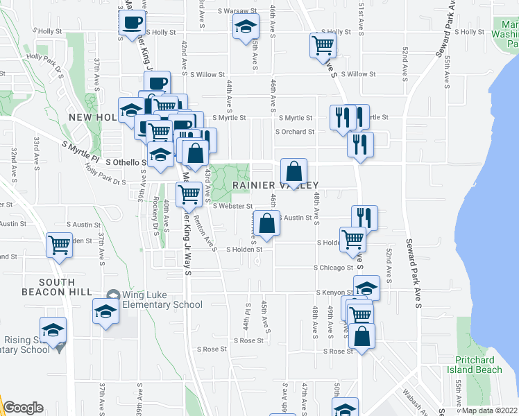 map of restaurants, bars, coffee shops, grocery stores, and more near 7501 46th Avenue South in Seattle