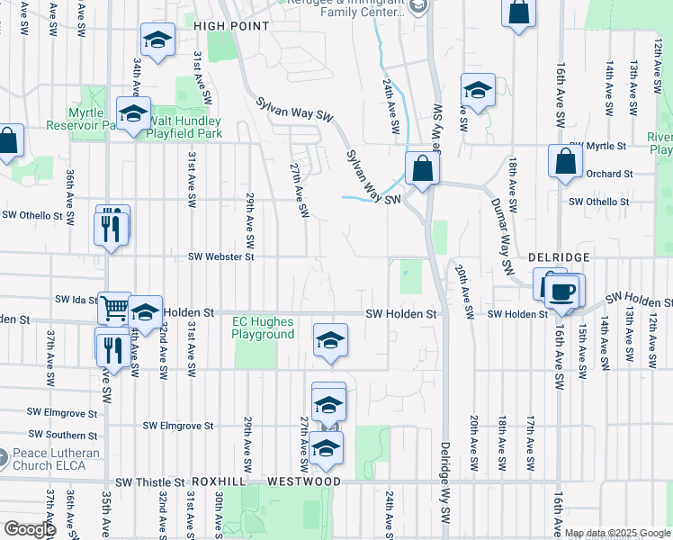 map of restaurants, bars, coffee shops, grocery stores, and more near 2425 Southwest Webster Street in Seattle