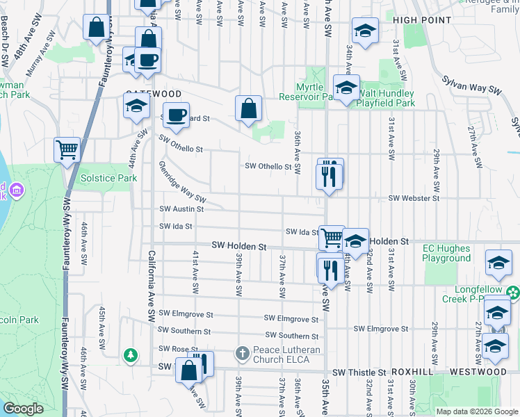 map of restaurants, bars, coffee shops, grocery stores, and more near 3726 Southwest Austin Street in Seattle