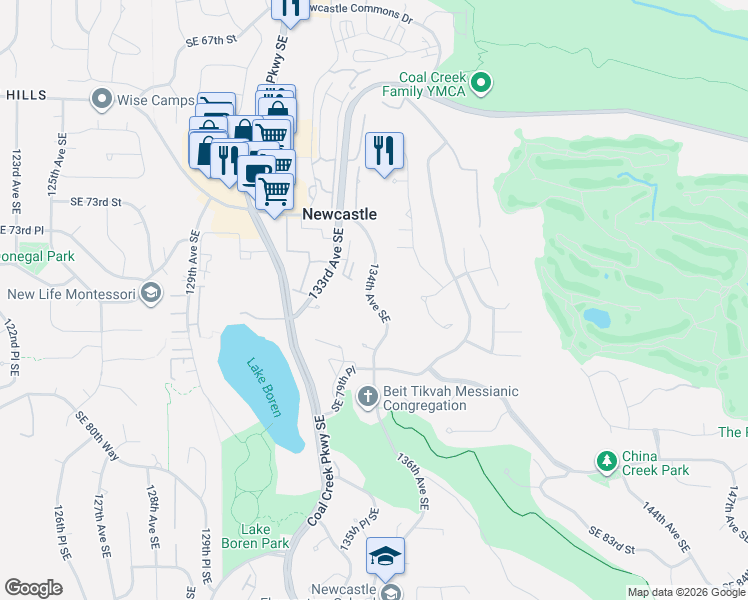 map of restaurants, bars, coffee shops, grocery stores, and more near 7510 134th Avenue Southeast in Newcastle