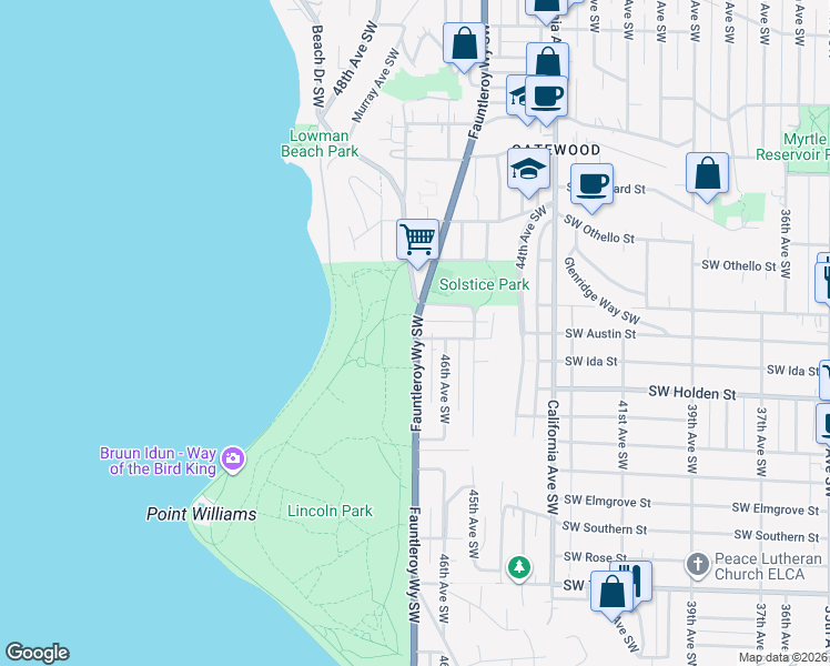 map of restaurants, bars, coffee shops, grocery stores, and more near 8600 Fauntleroy Way Southwest in Seattle
