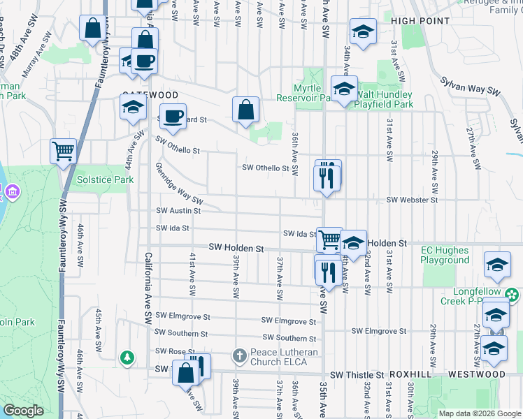 map of restaurants, bars, coffee shops, grocery stores, and more near 3726 Southwest Austin Street in Seattle