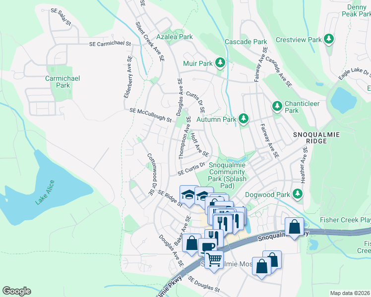 map of restaurants, bars, coffee shops, grocery stores, and more near 7314 Thompson Avenue Southeast in Snoqualmie