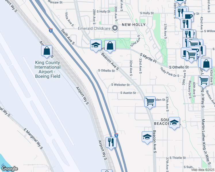 map of restaurants, bars, coffee shops, grocery stores, and more near 7507 29th Avenue South in Seattle