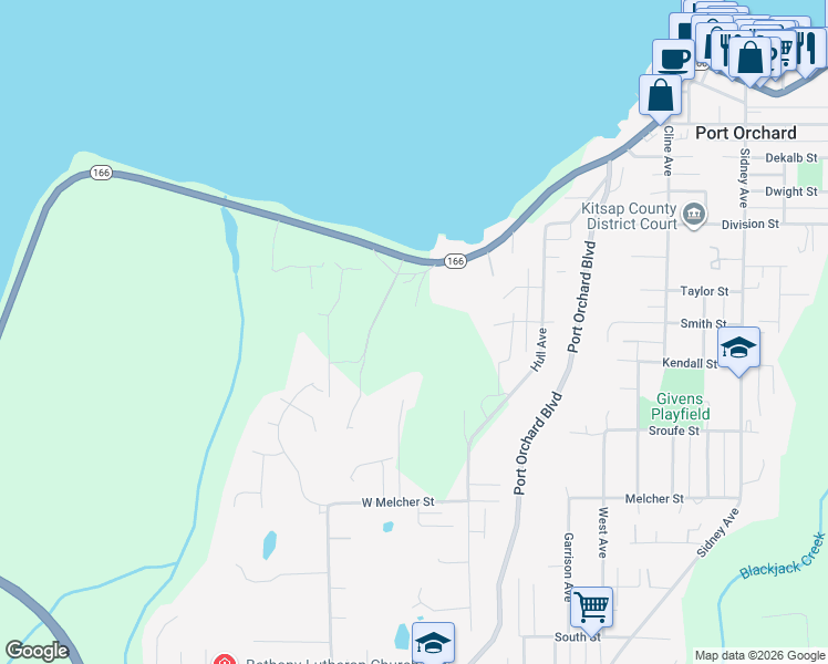 map of restaurants, bars, coffee shops, grocery stores, and more near 1432 Wilkins Place Southwest in Port Orchard