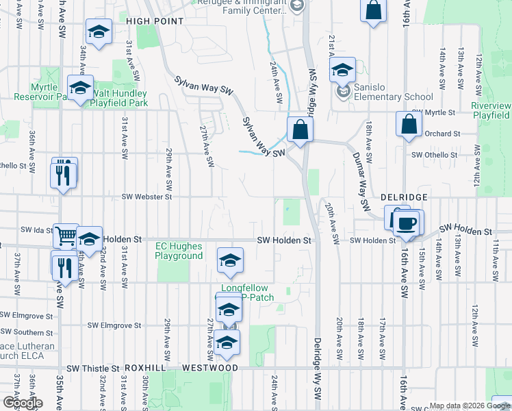 map of restaurants, bars, coffee shops, grocery stores, and more near 2425 Southwest Webster Street in Seattle