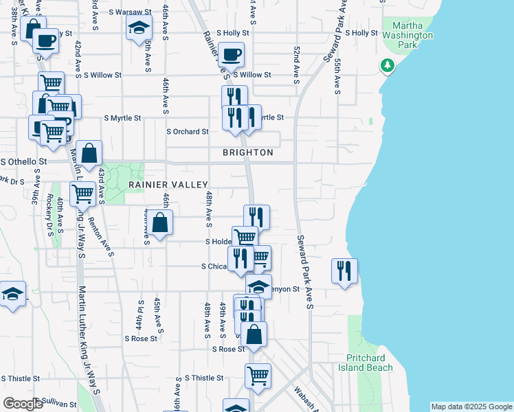 map of restaurants, bars, coffee shops, grocery stores, and more near 7424 Rainier Avenue South in Seattle
