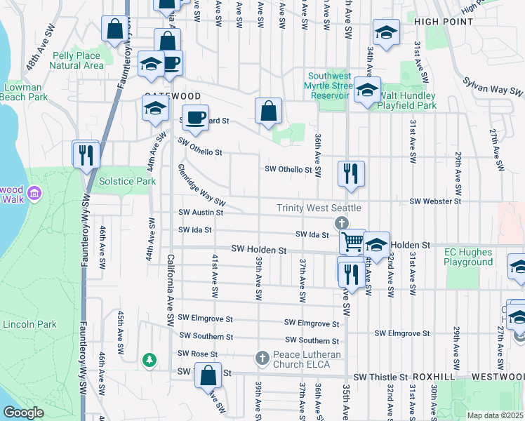 map of restaurants, bars, coffee shops, grocery stores, and more near 3756 Southwest Austin Street in Seattle