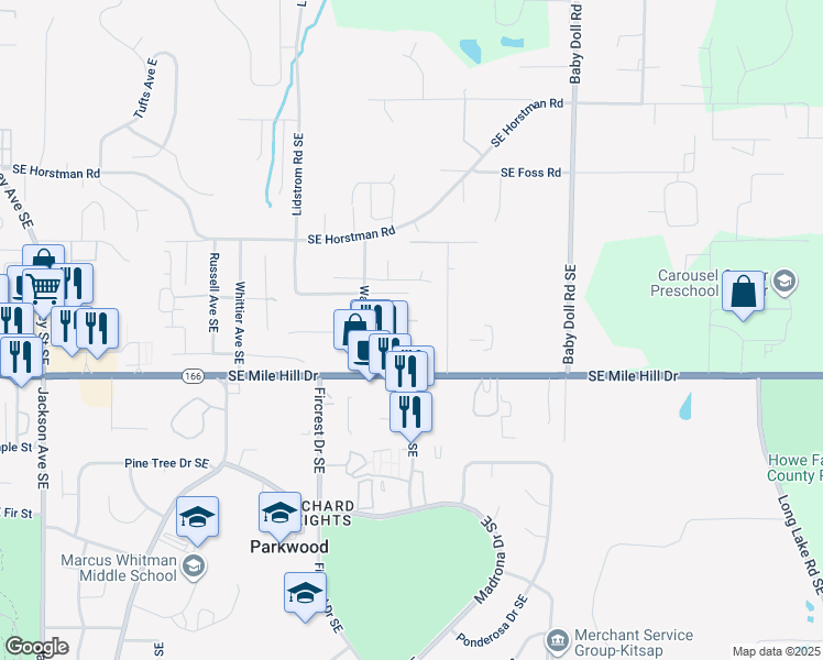 map of restaurants, bars, coffee shops, grocery stores, and more near 4342 Southeast Elijah Court in Port Orchard