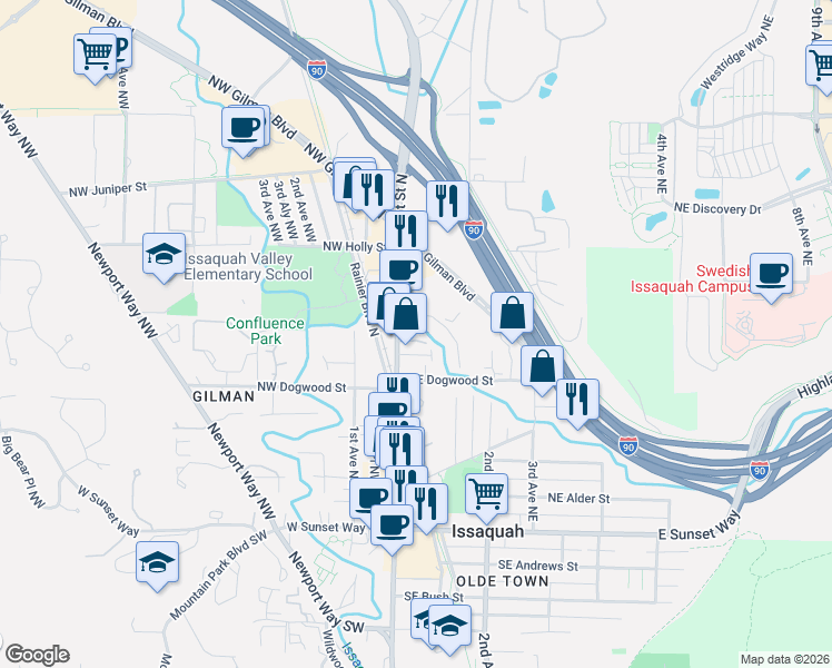 map of restaurants, bars, coffee shops, grocery stores, and more near 490 Front Street North in Issaquah