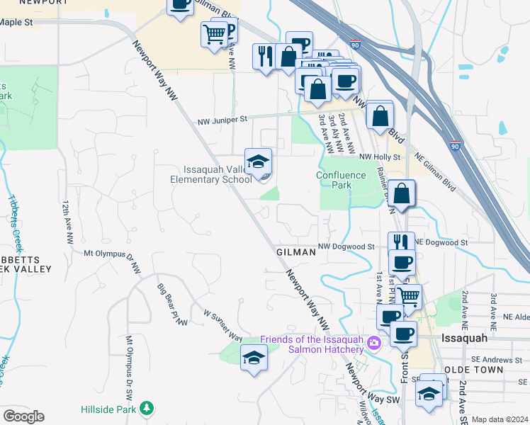 map of restaurants, bars, coffee shops, grocery stores, and more near 460 Newport Way Northwest in Issaquah