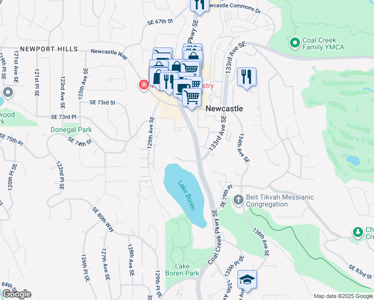 map of restaurants, bars, coffee shops, grocery stores, and more near 13056 Southeast 76th Street in Newcastle