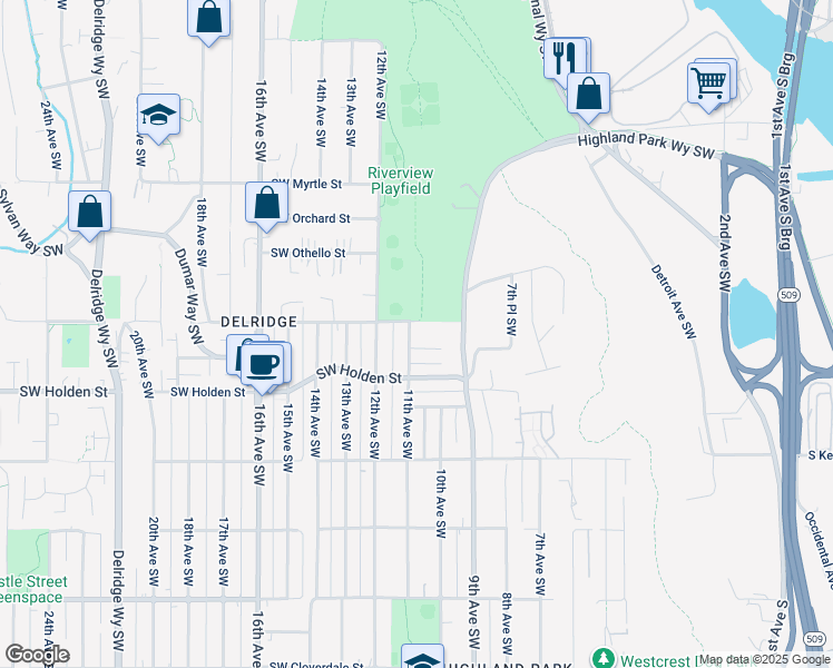 map of restaurants, bars, coffee shops, grocery stores, and more near 7514 11th Avenue Southwest in Seattle