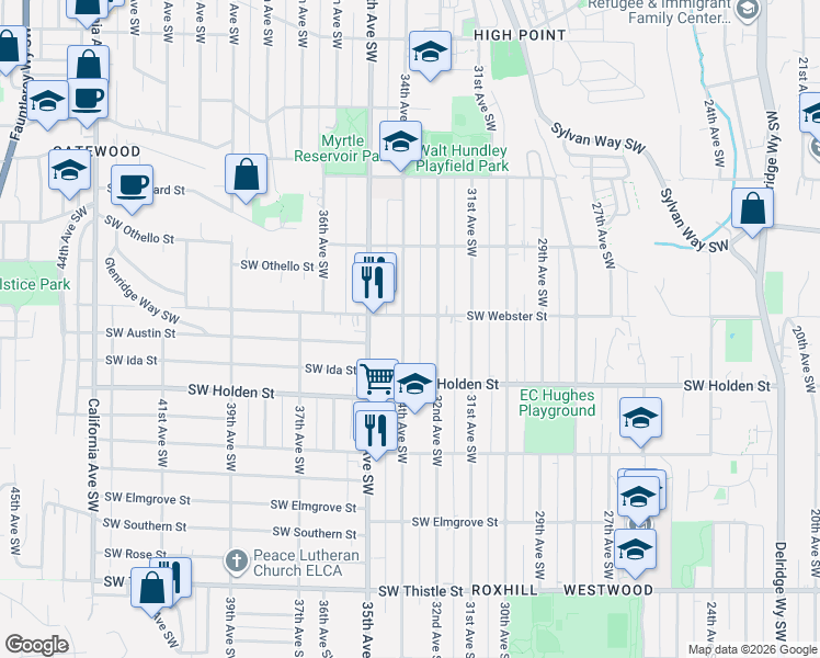 map of restaurants, bars, coffee shops, grocery stores, and more near 7517 32nd Avenue Southwest in Seattle