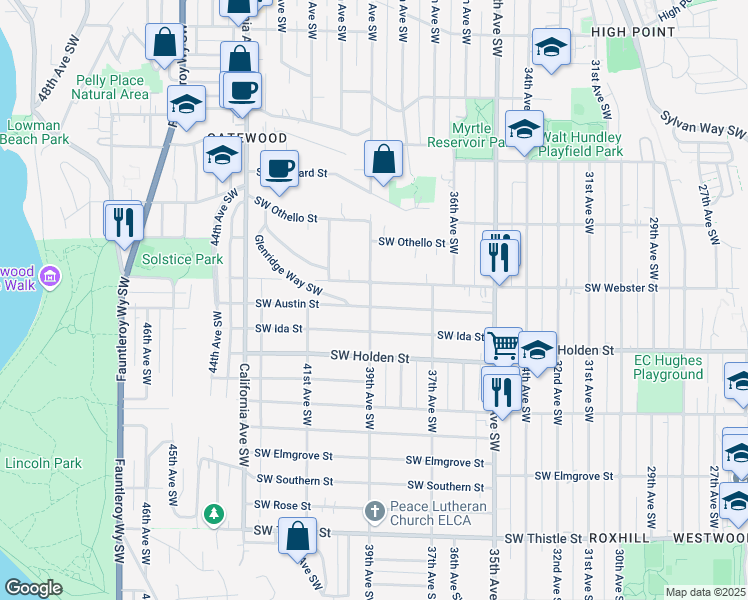 map of restaurants, bars, coffee shops, grocery stores, and more near 3756 Southwest Austin Street in Seattle