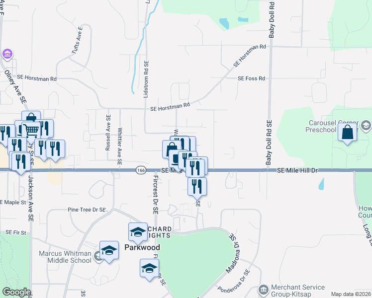 map of restaurants, bars, coffee shops, grocery stores, and more near 1443 Warner Avenue Southeast in Port Orchard