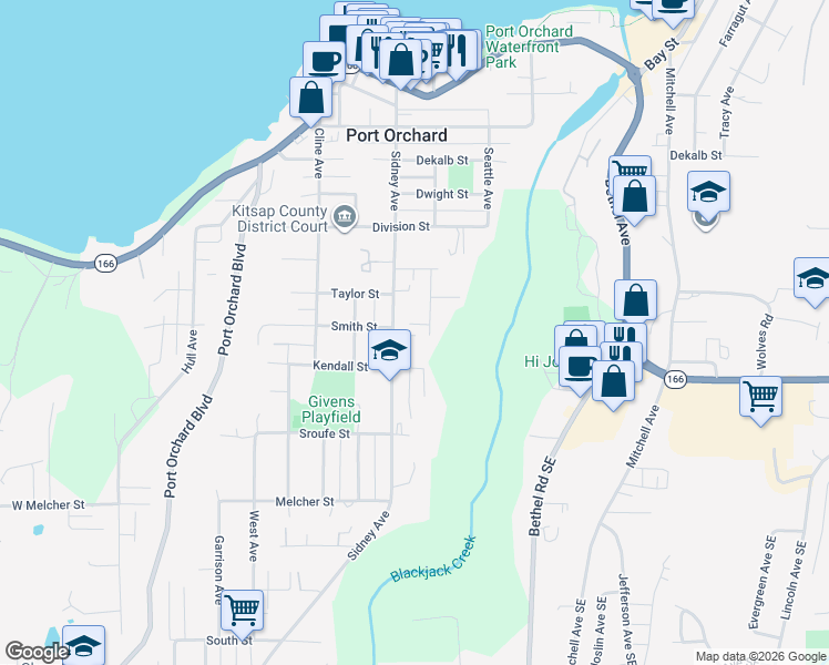 map of restaurants, bars, coffee shops, grocery stores, and more near 813 Kendall Street in Port Orchard